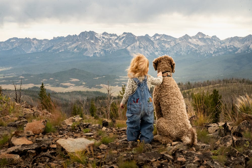 Kind und Hund sitzen Seite an Seite und blicken in die Berge – Symbol für gemeinsame Verantwortung, Achtsamkeit und Verbindung zur Natur