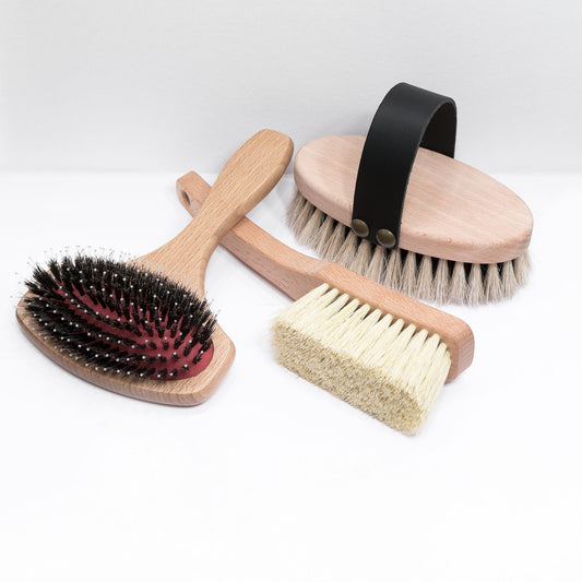 Pflegeset für kurzhaarige Hunde mit sanfter Naturborstenbürste, Kardätsche mit Lederschlaufe und weicher Pflegebürste – ideal zur täglichen Fellpflege und Massage bei kurzhaarigen Hunderassen.