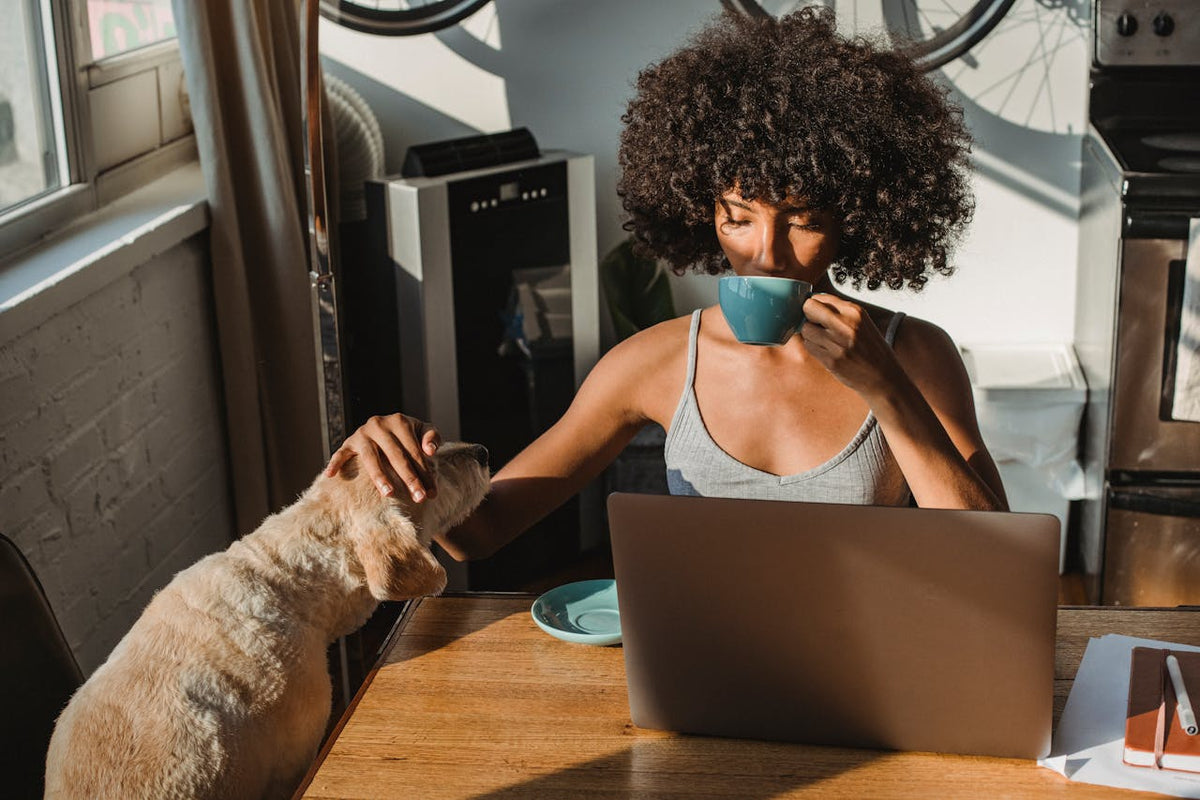 Ein Mensch sitzt mit seinem Hund gemütlich am Küchentisch, liest oder schreibt – ein Moment der Inspiration.