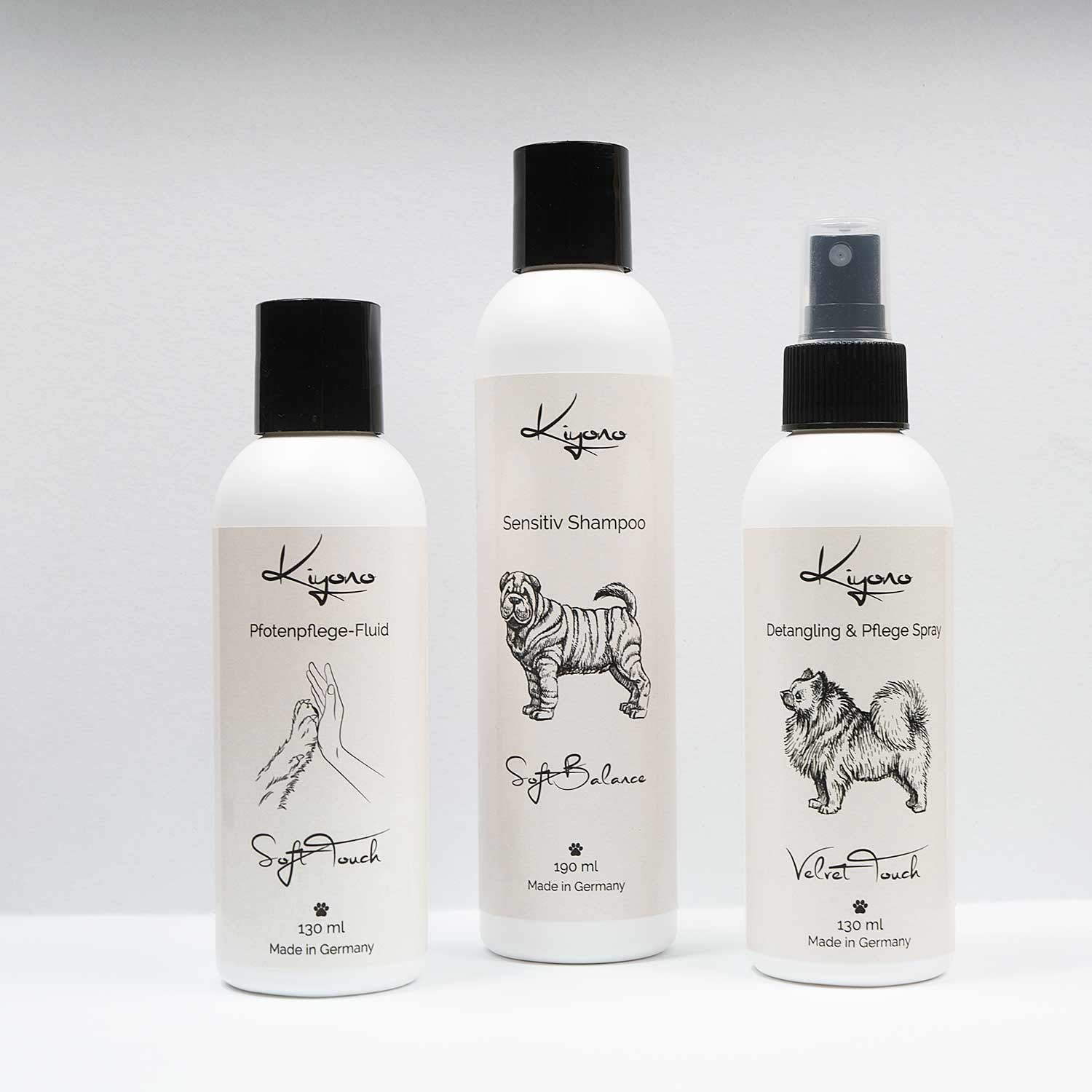 Kiyono Starter-Set „Sanfte Pflege“ mit Sensitiv Shampoo, Detangling & Pflege Spray und Pfotenpflege-Fluid für Hunde – ideal zur täglichen Fell- und Hautpflege.