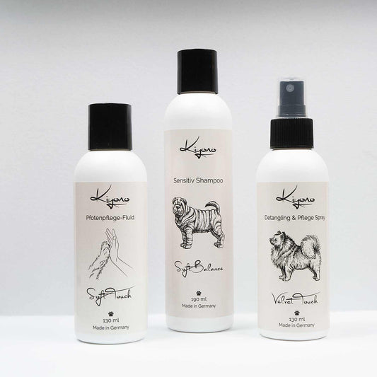 Kiyono Starter-Set „Sanfte Pflege“ mit Sensitiv Shampoo, Detangling & Pflege Spray und Pfotenpflege-Fluid für Hunde – ideal zur täglichen Fell- und Hautpflege.