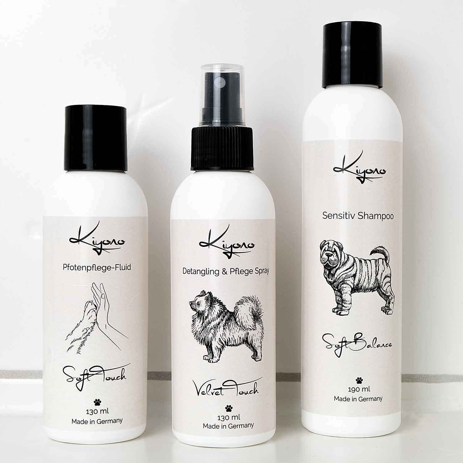 Kiyono Starter-Set „Sanfte Pflege“ mit Sensitiv Shampoo, Detangling & Pflege Spray und Pfotenpflege-Fluid für Hunde – ideal zur täglichen Fell- und Hautpflege.