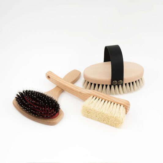 Pflegeset für kurzhaarige Hunde mit sanfter Naturborstenbürste, Kardätsche mit Lederschlaufe und weicher Pflegebürste – ideal zur täglichen Fellpflege und Massage bei kurzhaarigen Hunderassen.