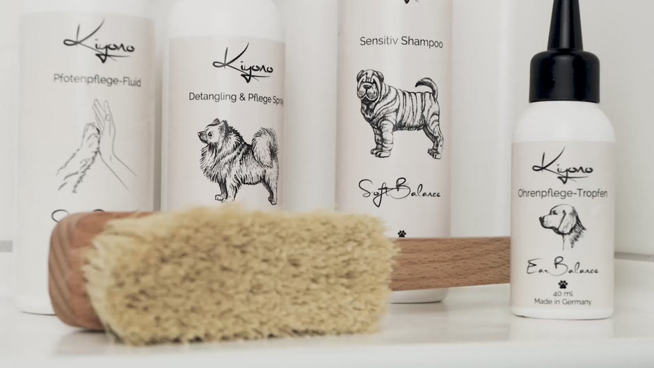 Videoaufnahme des Kiyono Rundum-Pflege-Sets, ein Bundle zur Hundepflege.