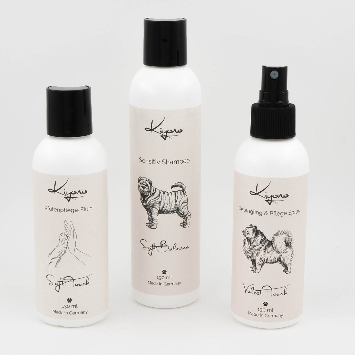Kiyono Starter-Set „Sanfte Pflege“ mit Sensitiv Shampoo, Detangling & Pflege Spray und Pfotenpflege-Fluid für Hunde – ideal zur täglichen Fell- und Hautpflege.