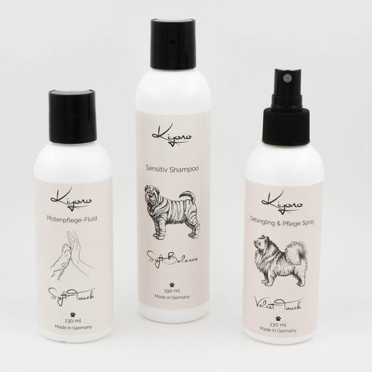 Kiyono Starter-Set „Sanfte Pflege“ mit Sensitiv Shampoo, Detangling & Pflege Spray und Pfotenpflege-Fluid für Hunde – ideal zur täglichen Fell- und Hautpflege.